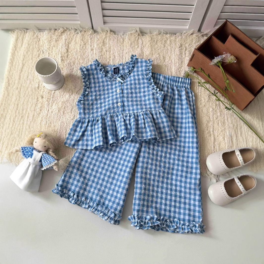 Kid Girls Checkered Lotus Leaf Top & Pants Set