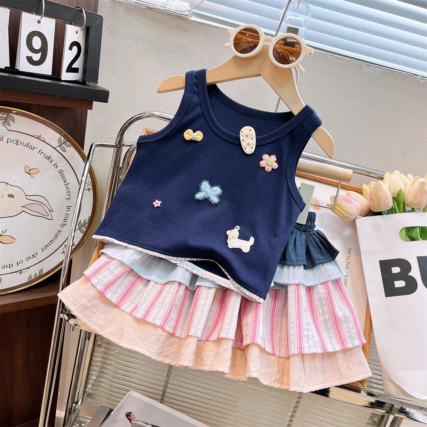 Baby& Kid Cartoon Vest Top and Striped Skirt Set