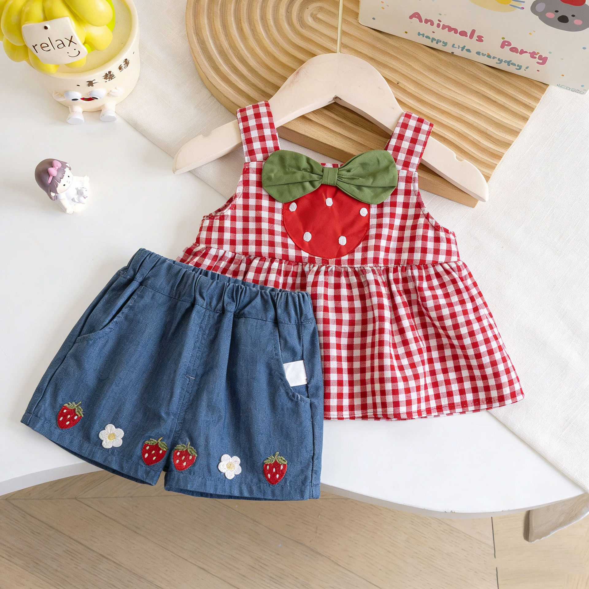 Kids Strawberry Camisole Plaid Top and Denim Shorts Sets