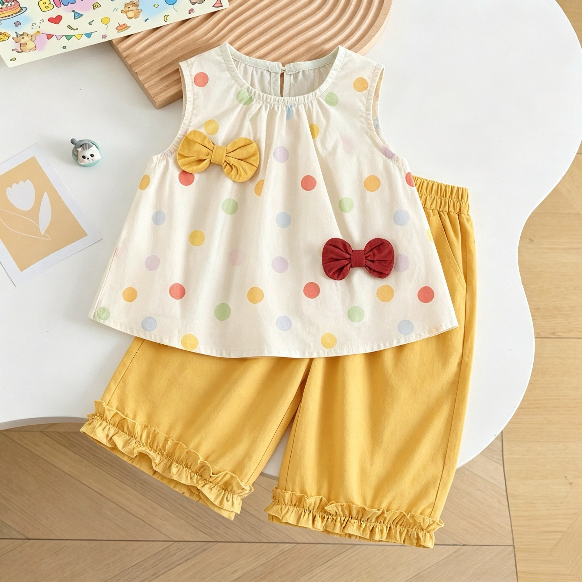 Kids Colorful Dot Bow Top and Ruffles Pants Sets