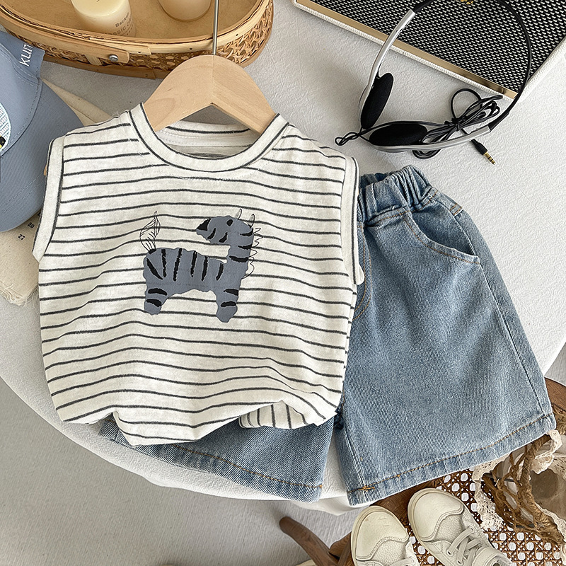 Kids Zebra Striped Vest Top and Denim Pants Set