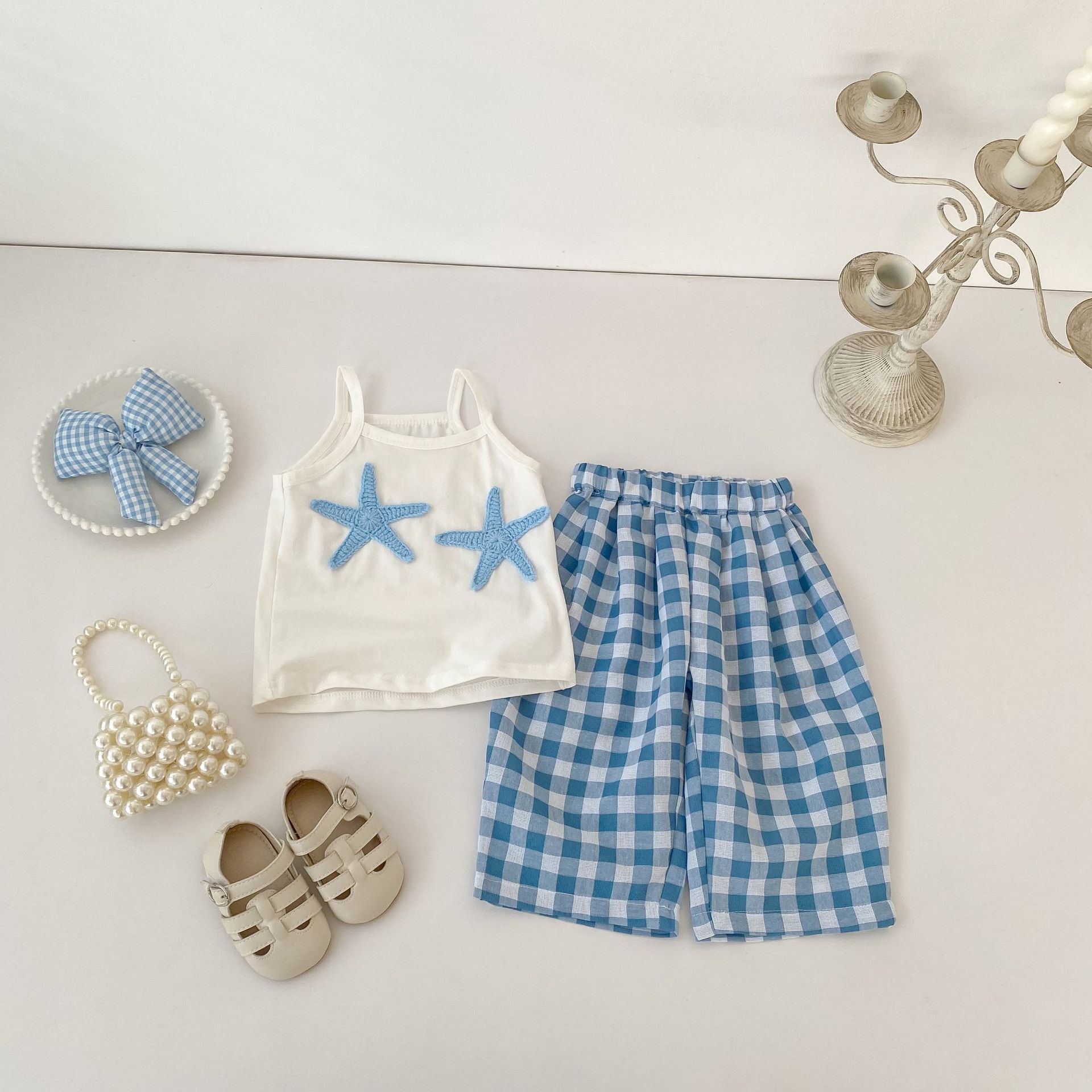 Baby& Kid Star suspenders Top and Plaid Pants Set