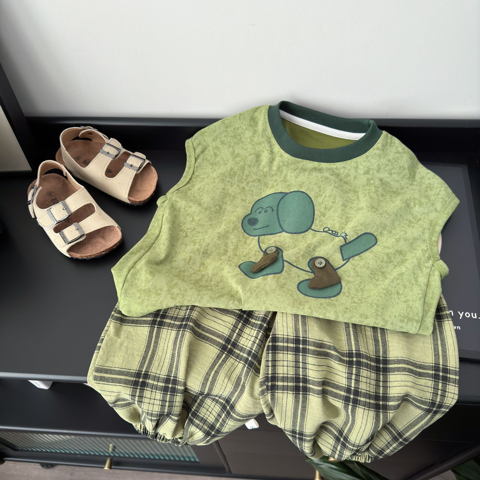 Baby& Kid Dog Pattern Vest Top and Plaid Pants Set