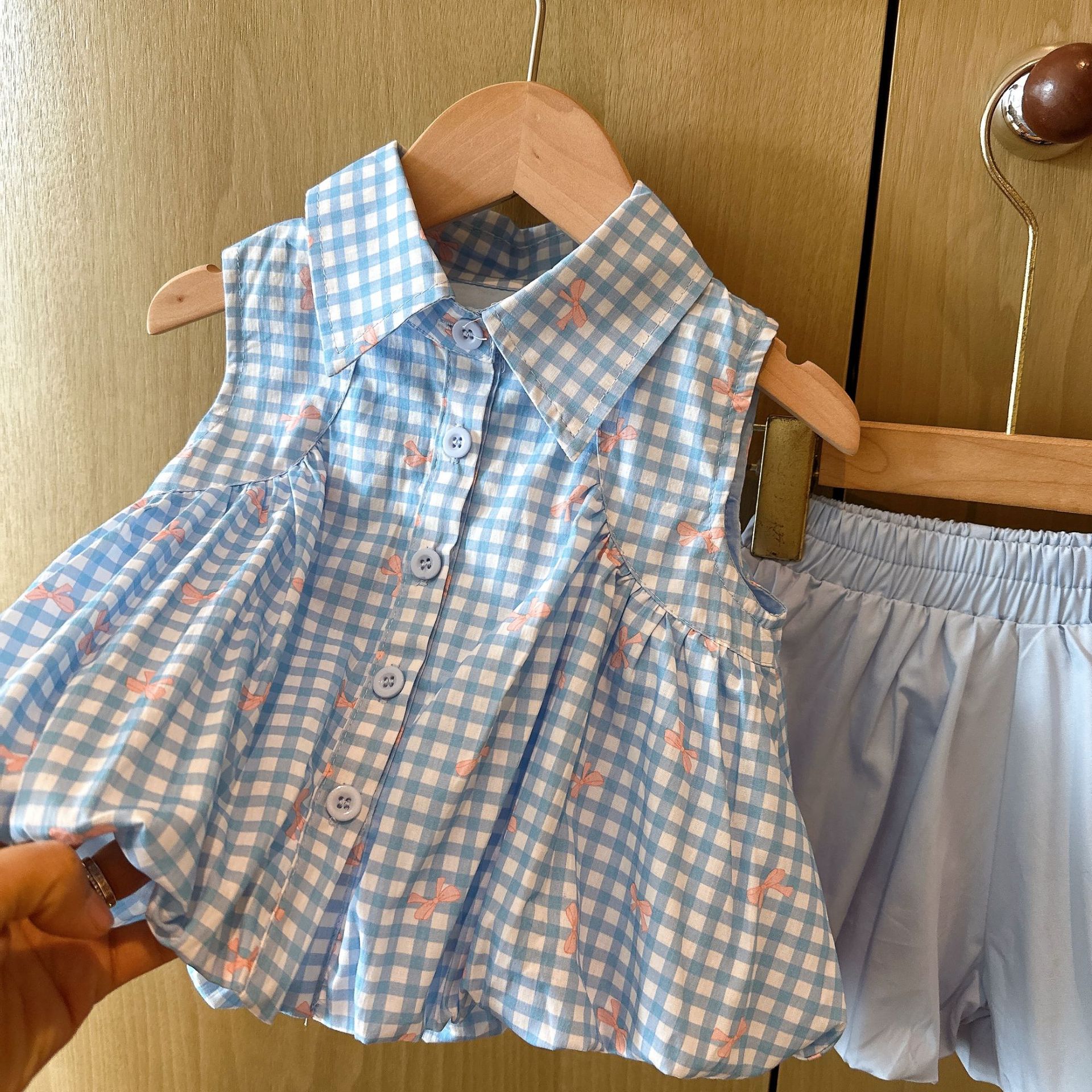 Kids Plaid Bow Pattern Tie Collar Top and Pants Set