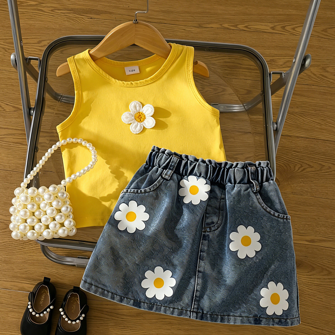 Kids Yellow Vest Flowers Top and Floral Print Denim Skirt 2-Piece Set