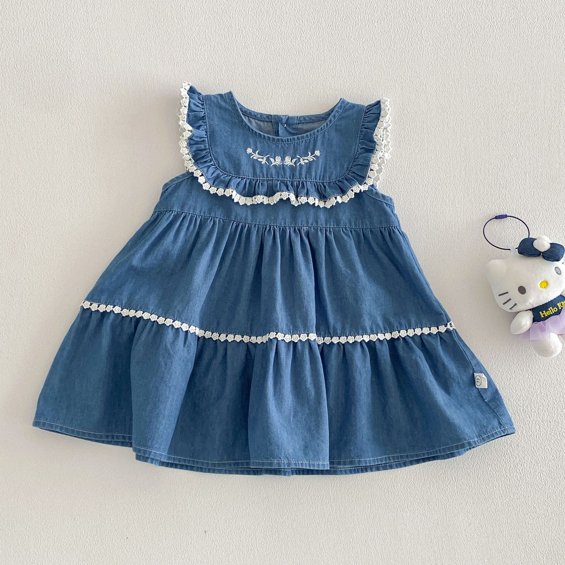 Baby Toddler Flower Lace Sleeves Denim Dress
