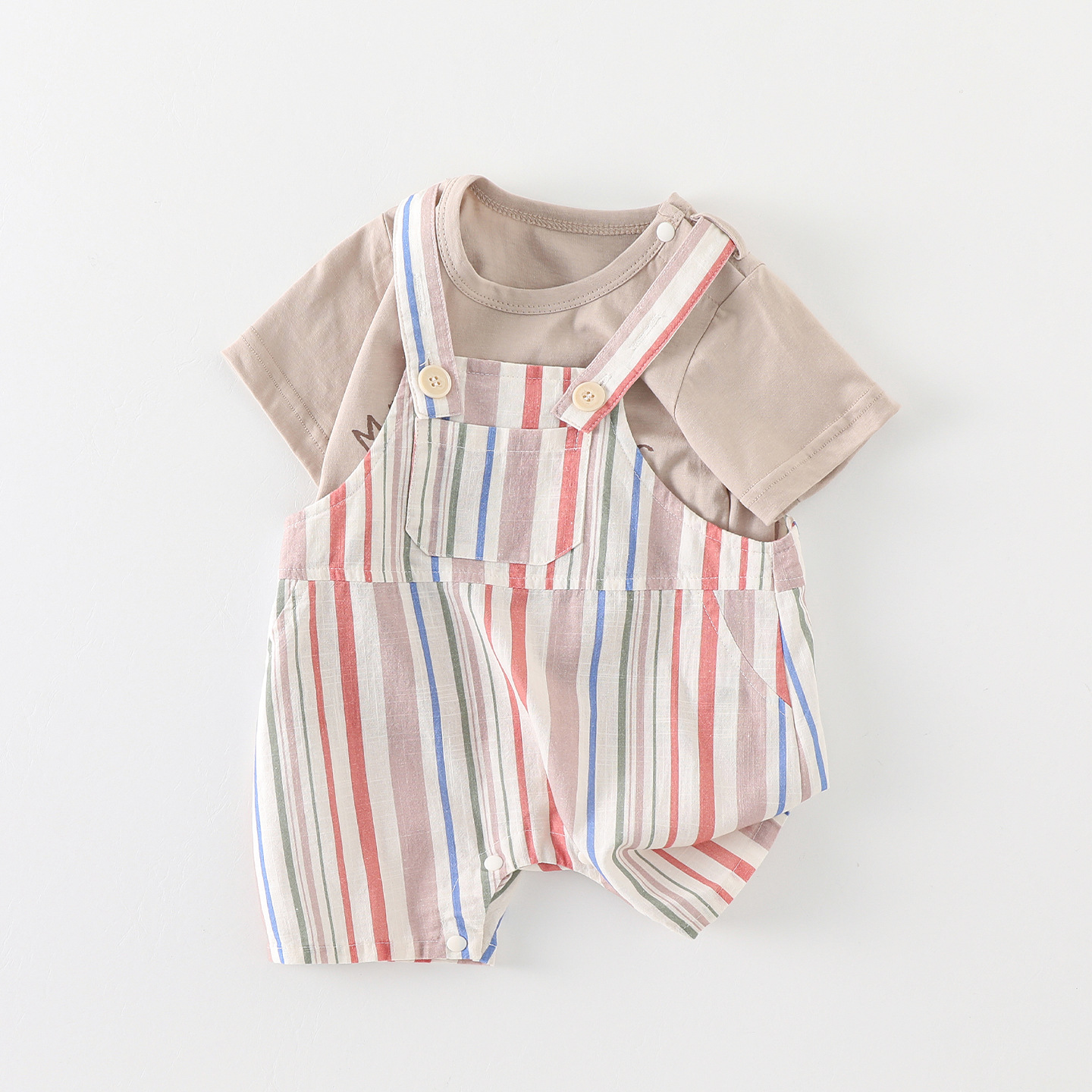 Baby Bear Pattern Top and Vertical Stripes Overalls Set