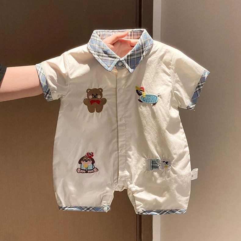 Baby Cartoon Animal Blue Plaid Collar Onesie