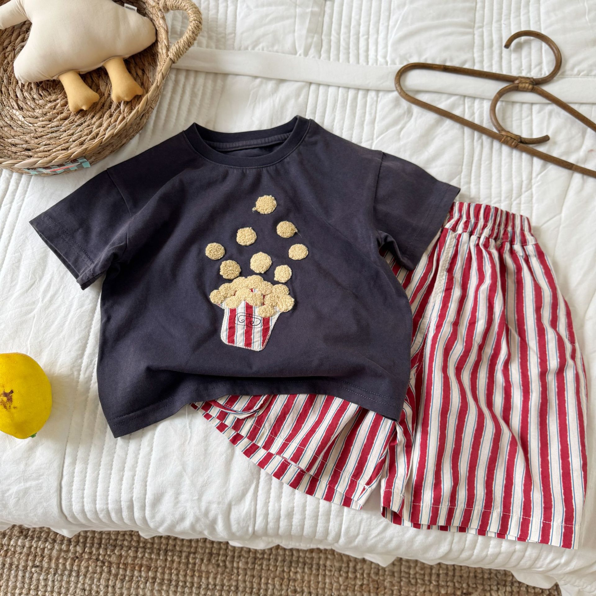 Kids Popcorn Pattern Top and Stripe Short Pants Set