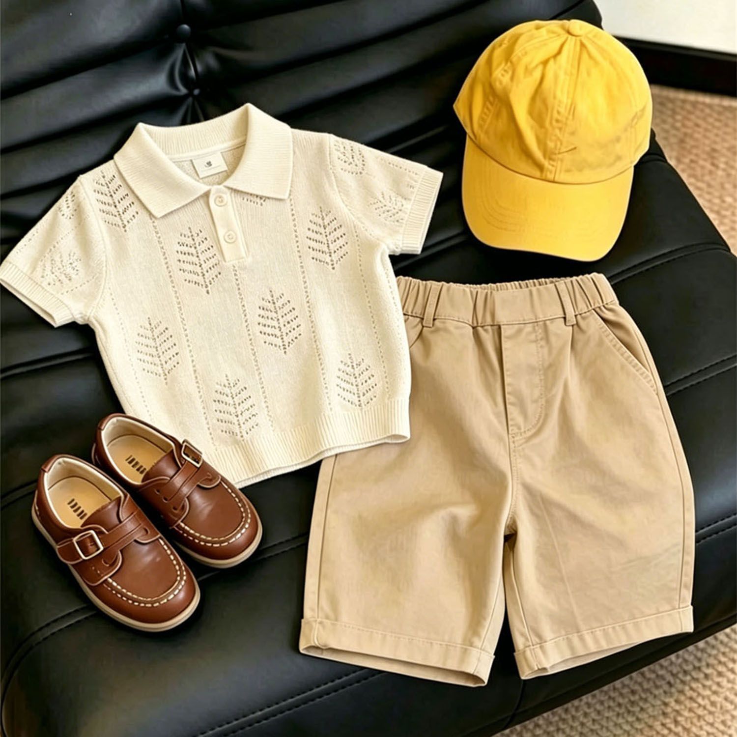 Kids Hollow out leaves polo collar Top and Khaki Pants Set