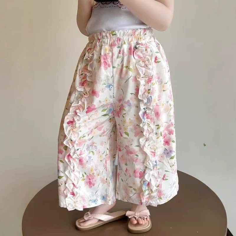 Kids Floral Ruffled Wide-Leg Pants