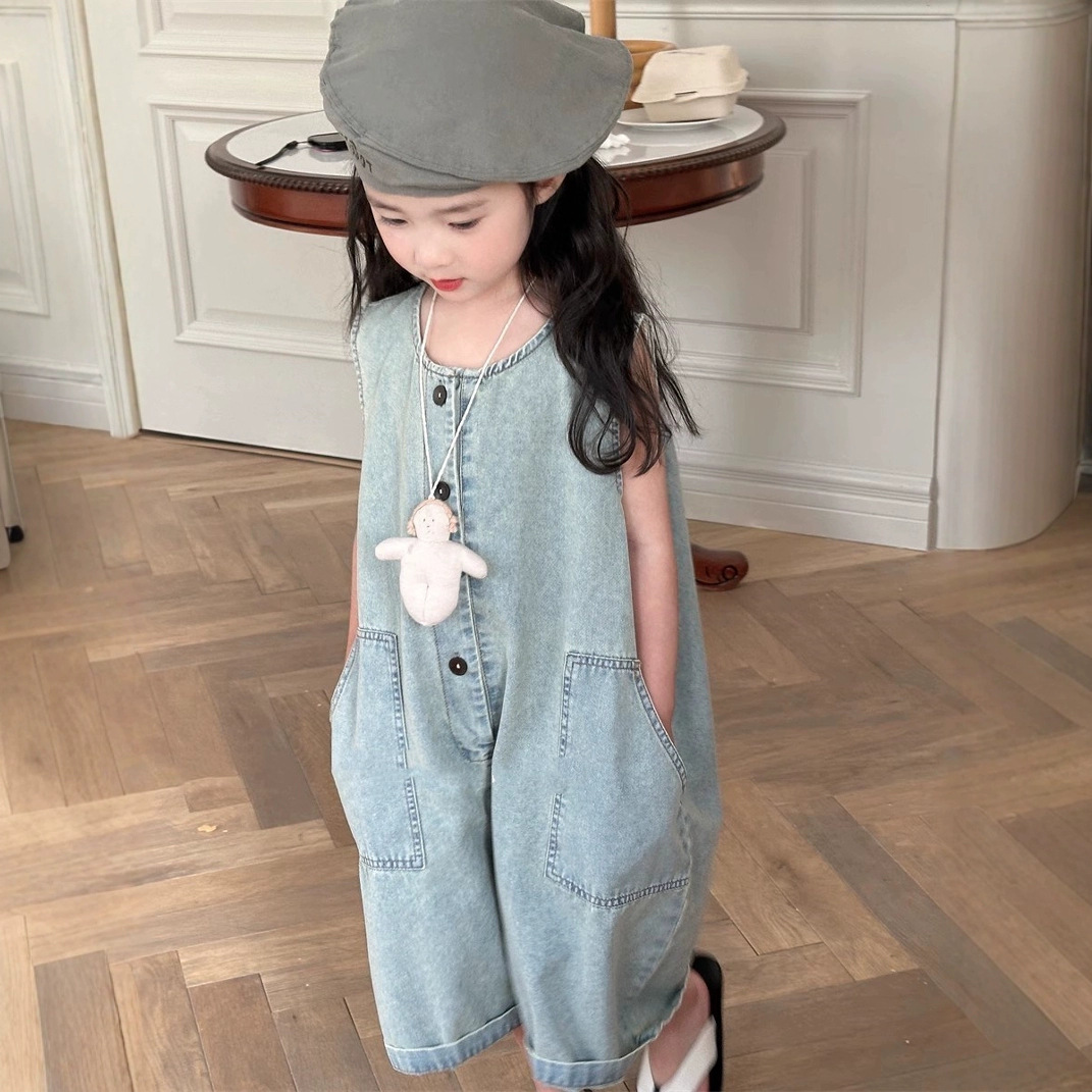 Kids Girls Solid Color Denim Overalls