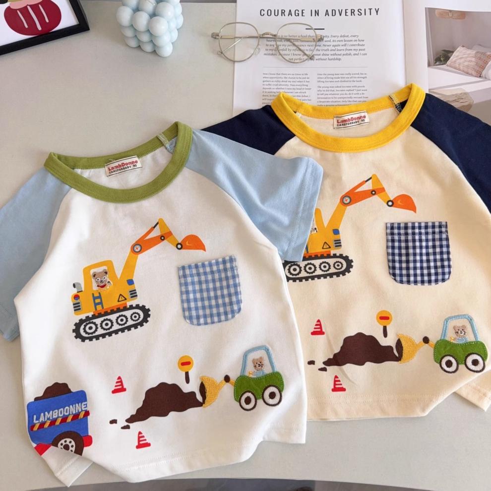 Kids Contrasting Colors Excavator Plaid Pocket T-shirt