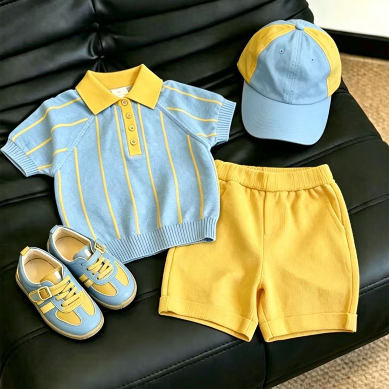 Kids Blue stripes Polo T-shirt and Yellow Short Pants Set