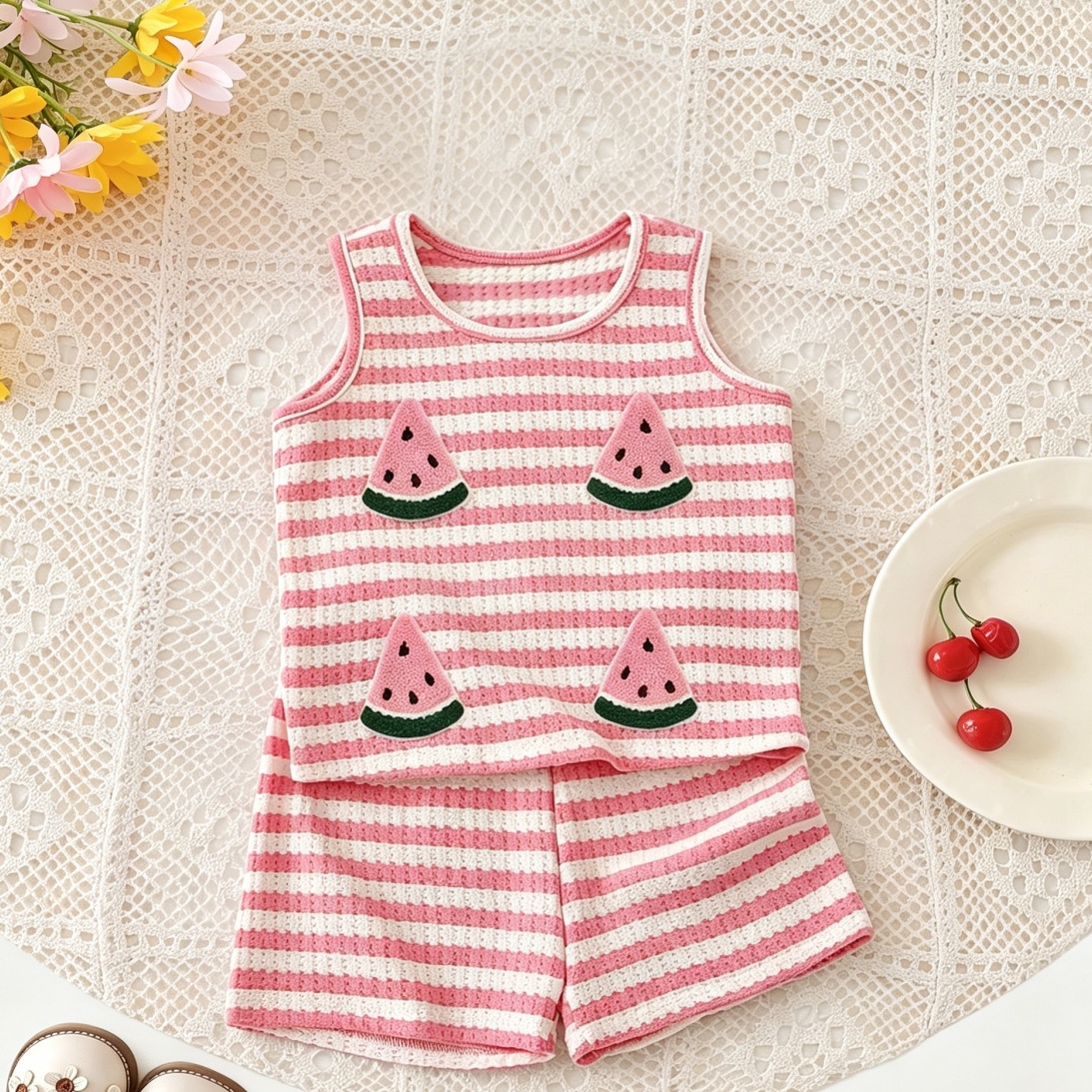 Baby Pink Watermelon Stripe Vest Top and Short Pants Set