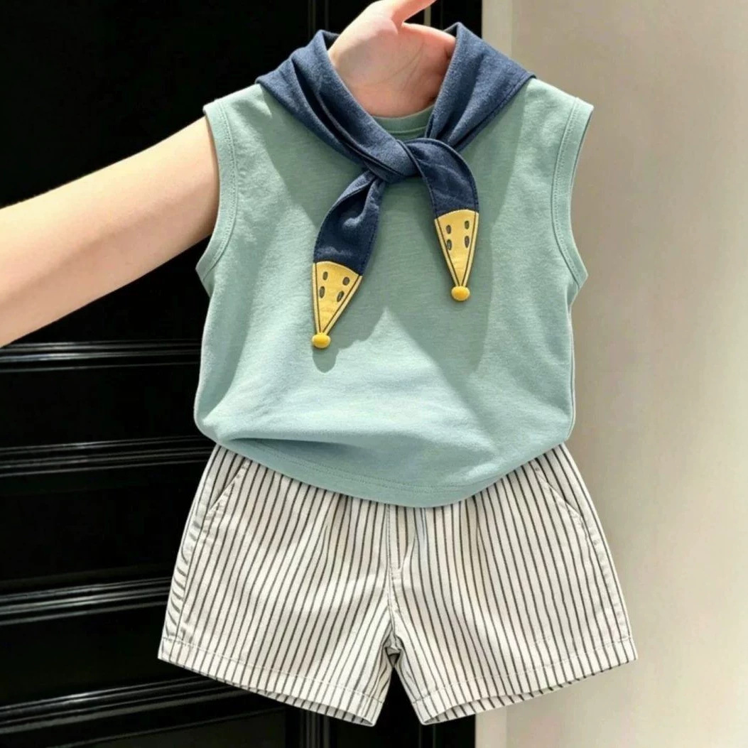 Kids Tie Vest Top and Stripe Short Pants Set