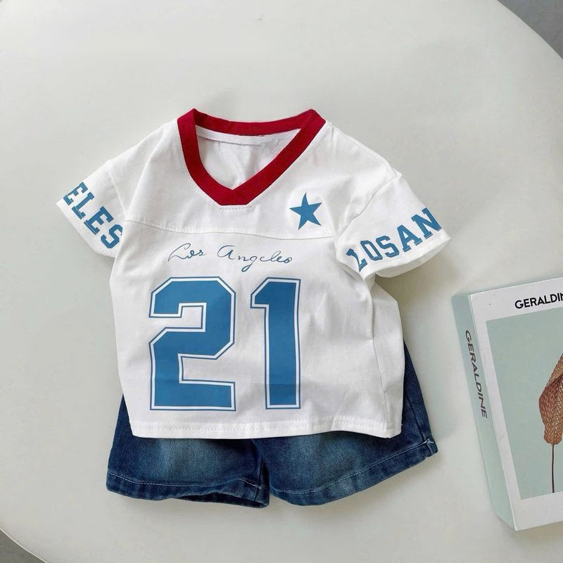 Kids 21 Number Print V-Neck T-shirt and Retro Shorts Set
