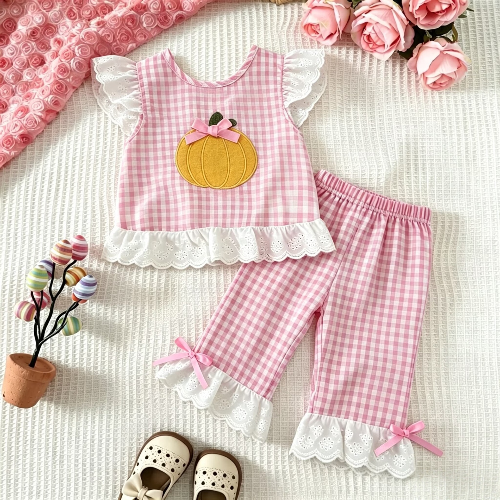 Baby Toddler Halloween Pumpkin Plaid Lace Trim Bow Top and  Pants Set