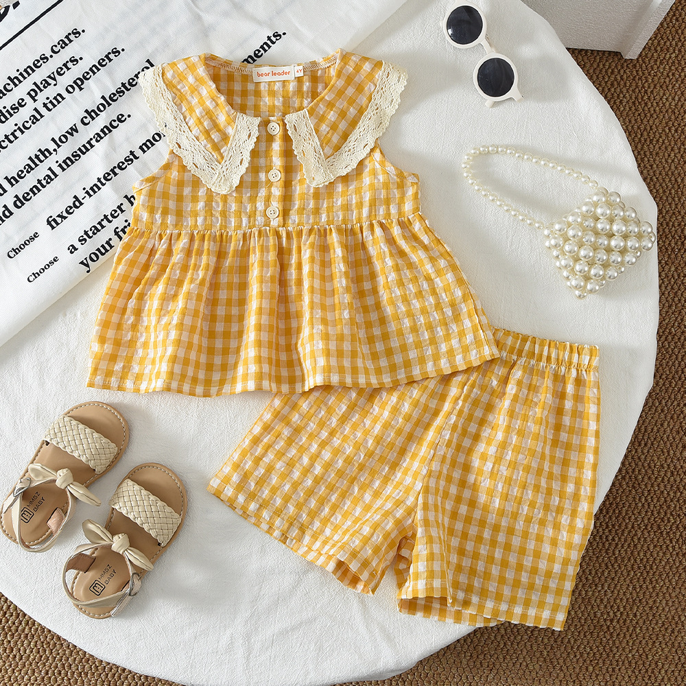 Kids Lace Trimmed Turnover Collar Plaid Top and Shorts Set
