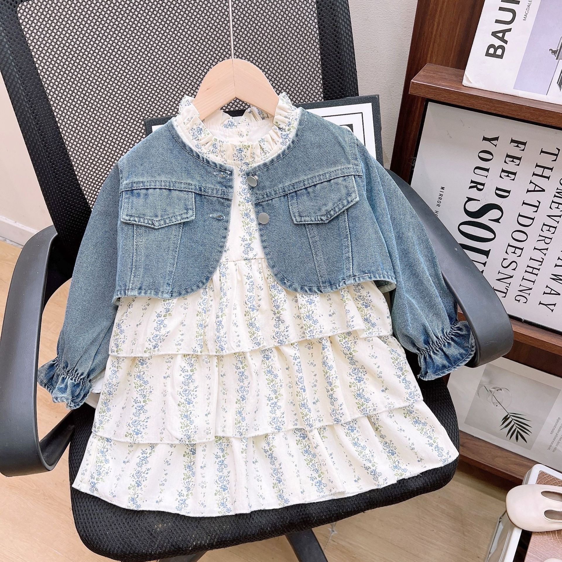 Kids Denim Outerwear and Floral Tiered Dress Set