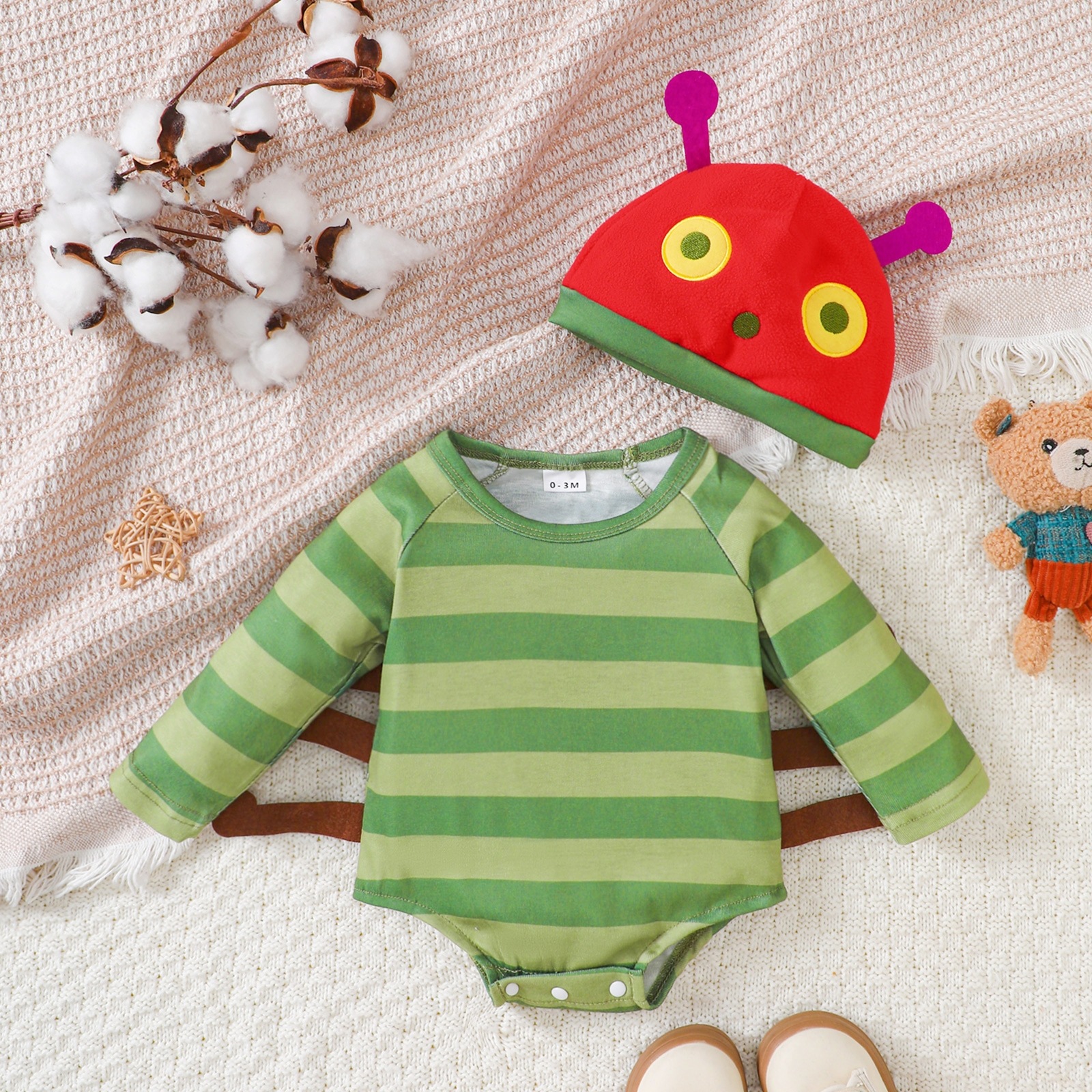 Baby Cartoon Caterpillar Stripe Long Sleeved Onesie and Hat Set