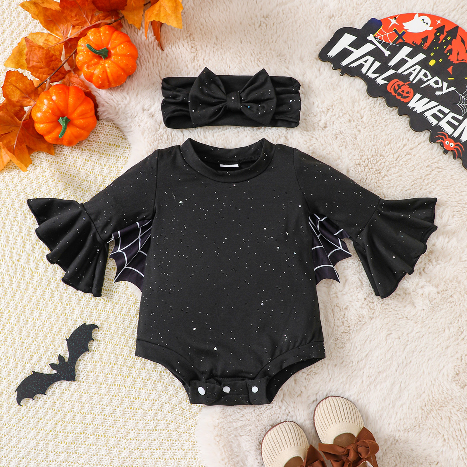 Baby Halloween Bat Starry Sky Sequins Onesie and Headband Set