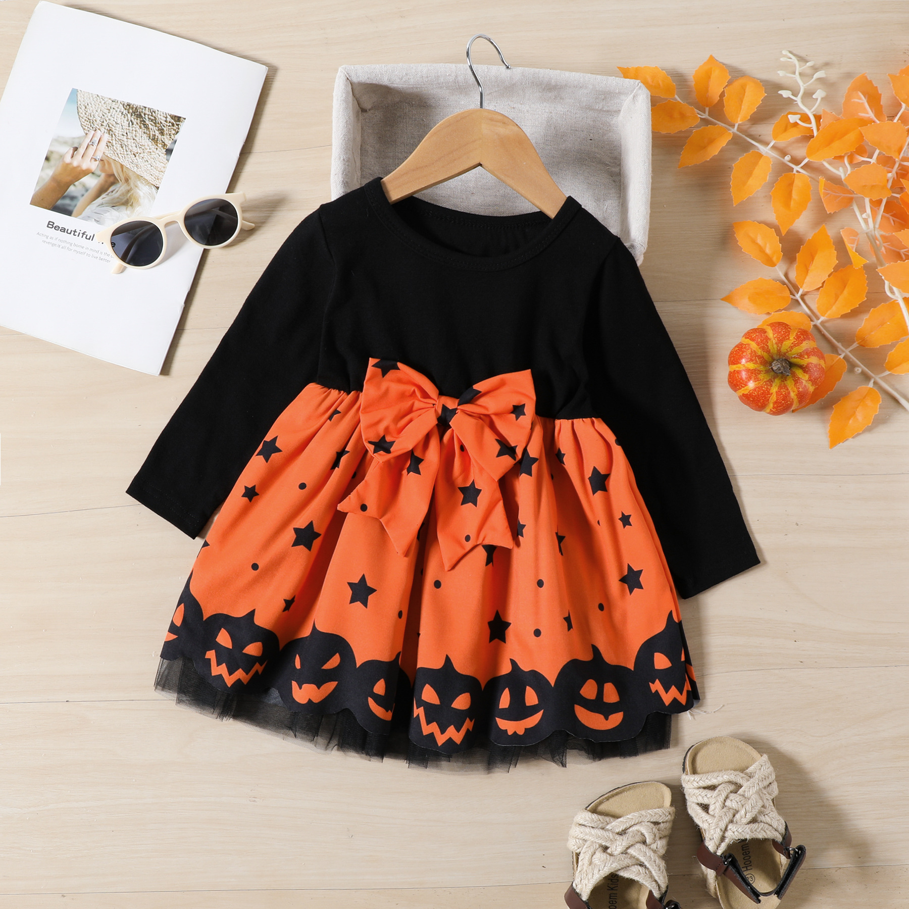 Kids Halloween Long-Sleeve Contrasting Colors Bow Dress