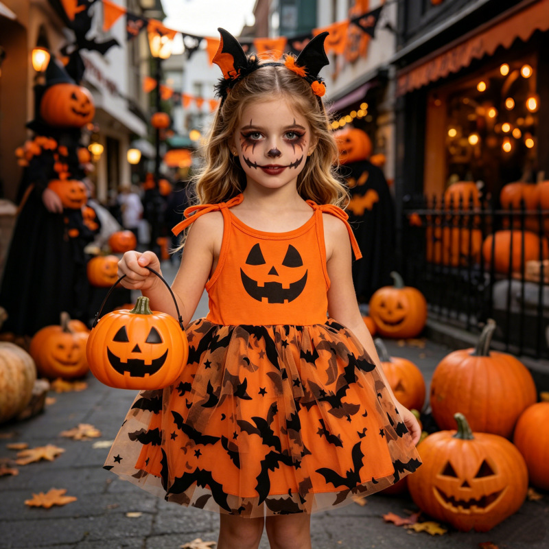 Baby Toddler Halloween Pumpkin Bat Bow Vest Mesh Dress