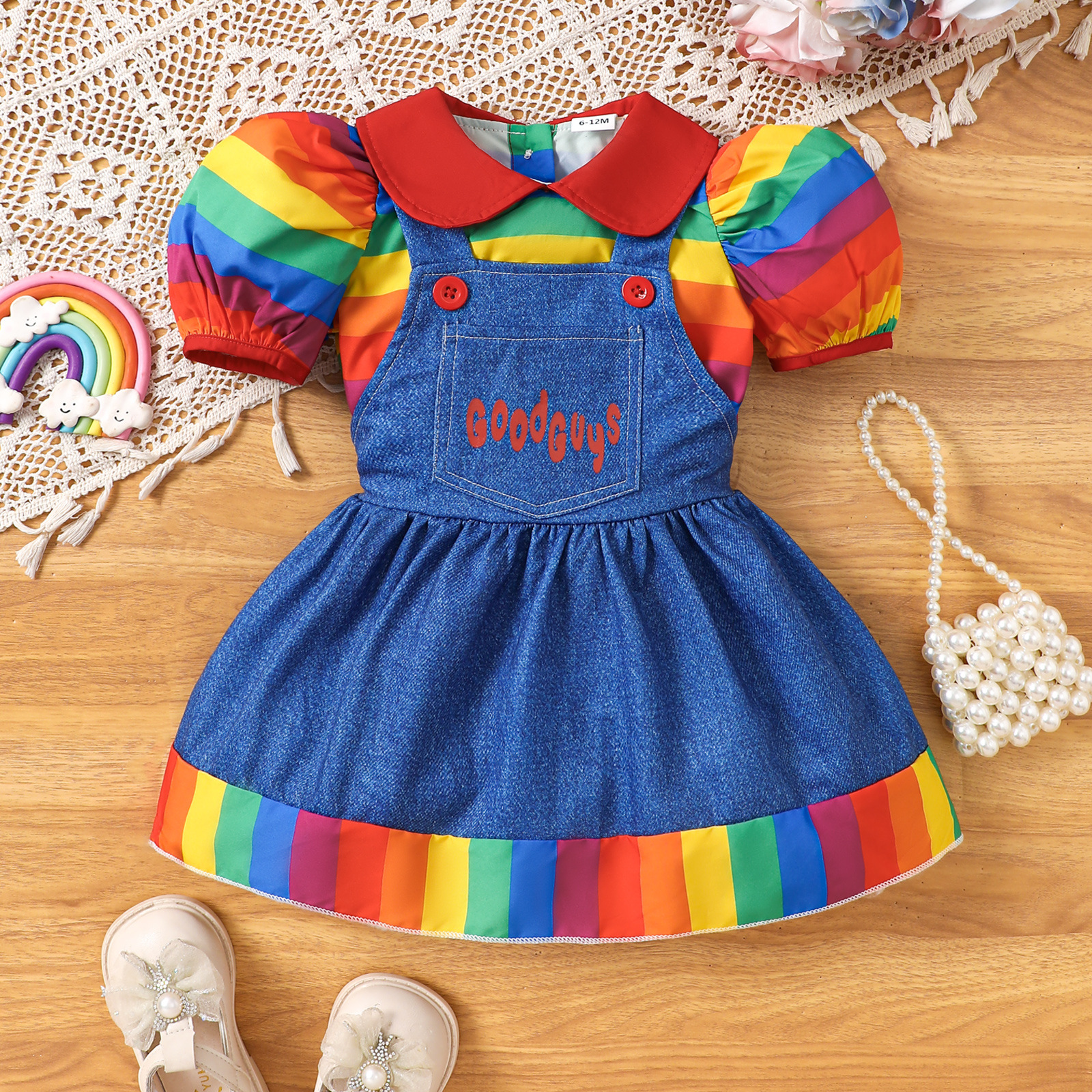 Baby Toddler Rainbow Striped Puff-Sleeve Shirt and Faux Denim Pinafore Dress Set