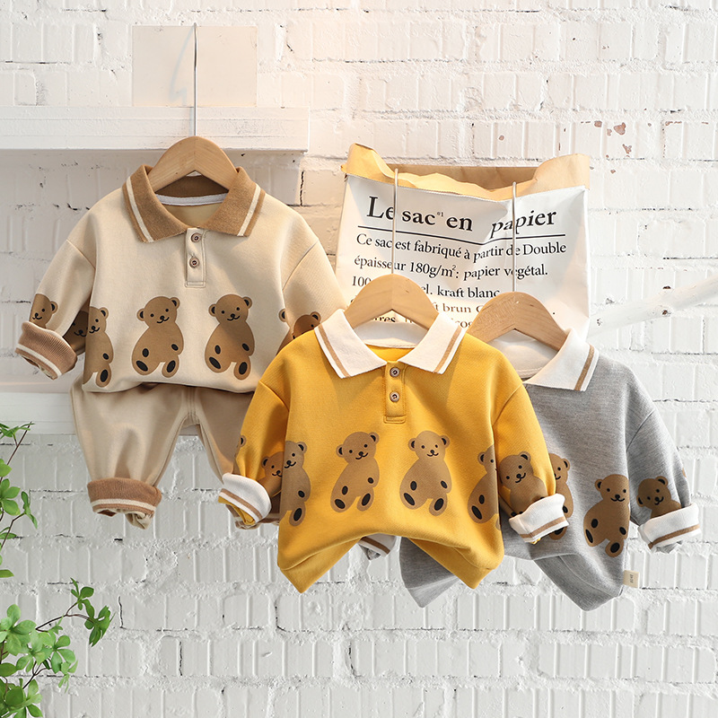 Kids Collared Cartoon Bear Sweatshirt 2-Piece Set
