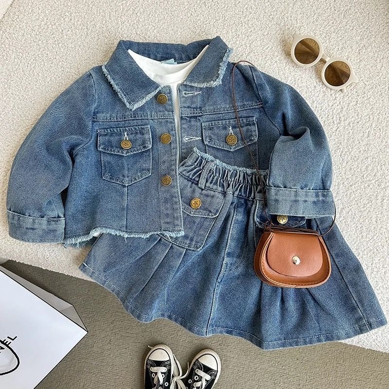 Kids Washed Denim Outerwear and Short Skirt Set