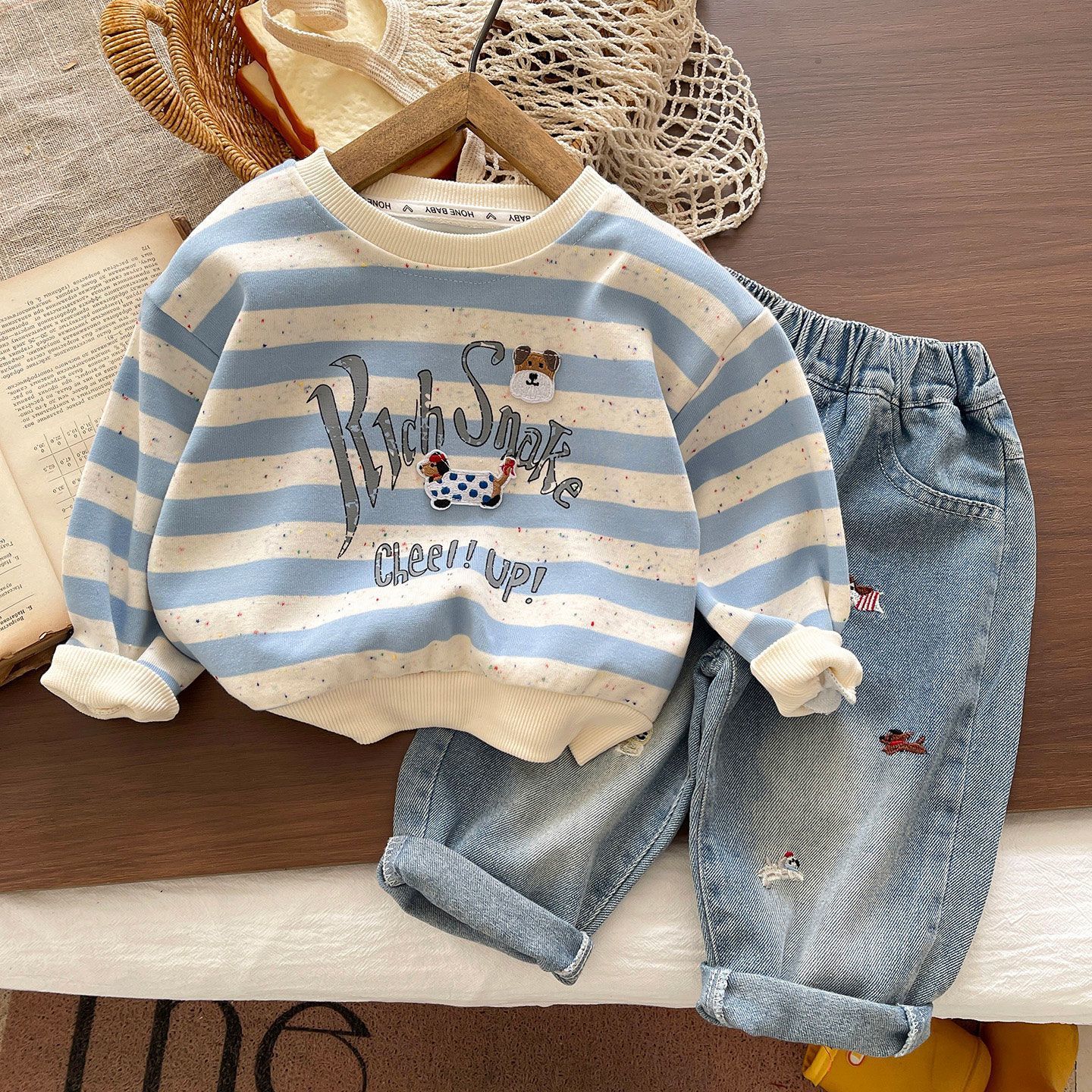 Kids Stripes Colorful Dots Dog Sweatshirt and Denim Pants