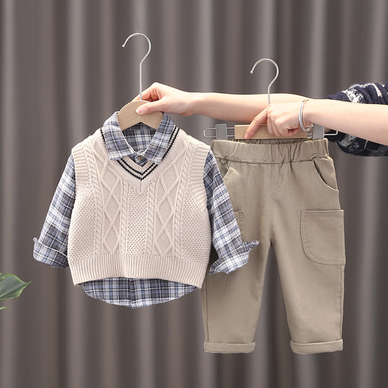 Kids Plaid Shirt Sweater Vest Top and Pants 3-Piece Set