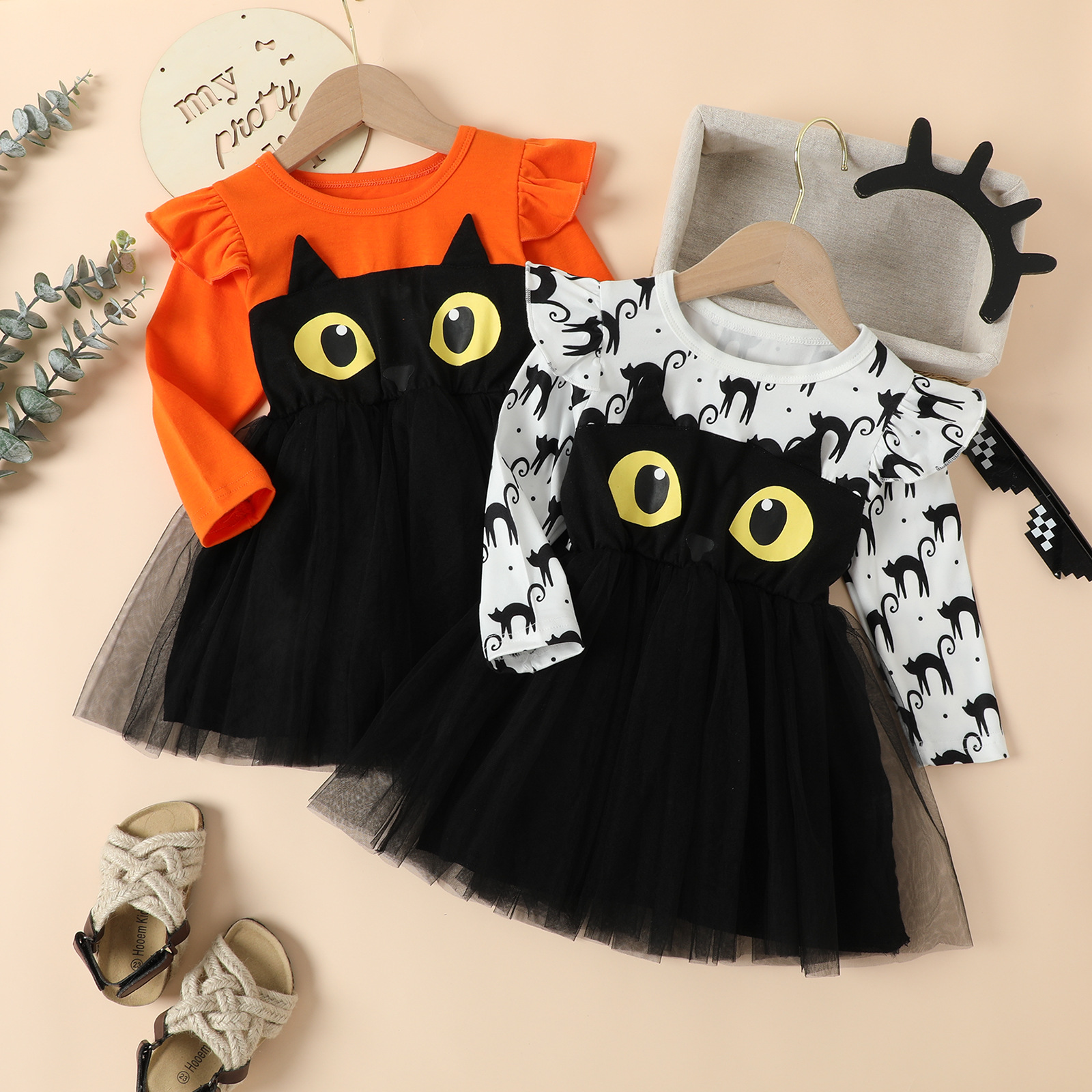 Kids Halloween Cat Long Sleeve Mesh Dress