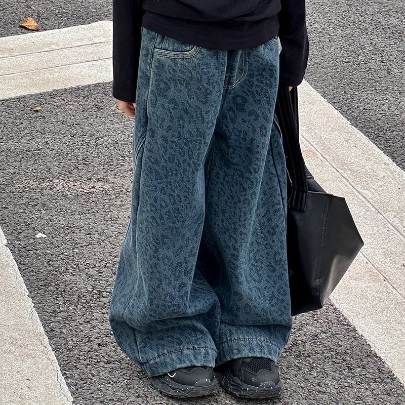 Kids Leopard Print Denim Wide Leg Pants
