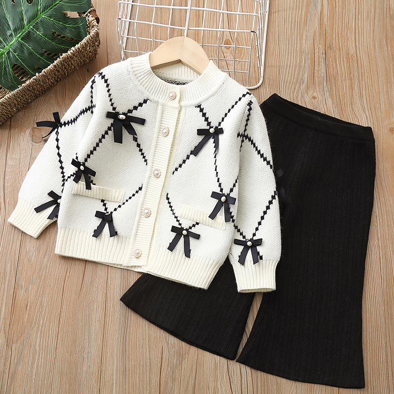 Kids Plaid Bow Sweater Cardigan and Bell Pants/Skirt Set