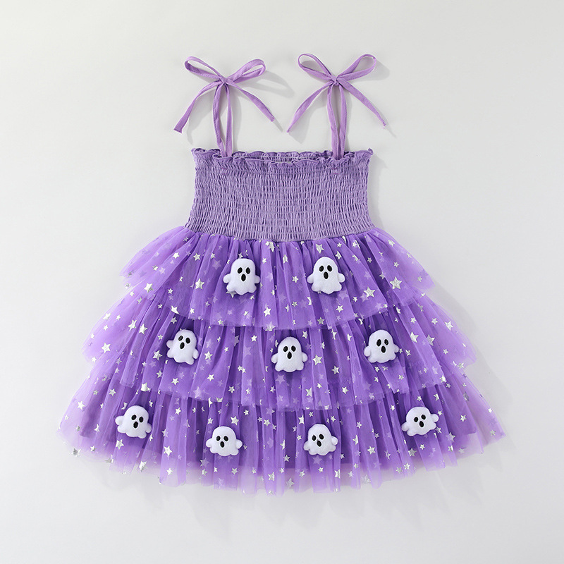 Kids Ghost Pumpkin Mesh Fabric Cami Dress