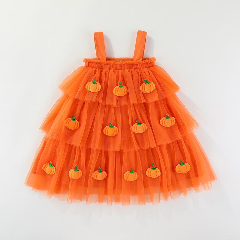 Kids Halloween Pumpkin Mesh Camisole Dress