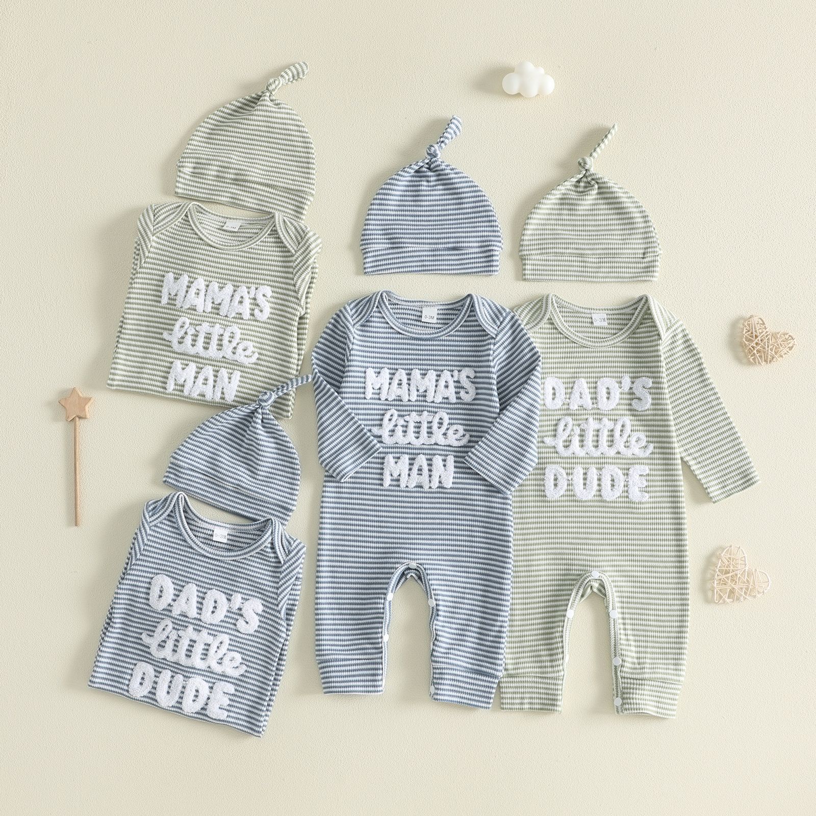 DAD'S LITTLE DUDE Baby Waffle Letter Embroidery Stripe Onesie with Hat