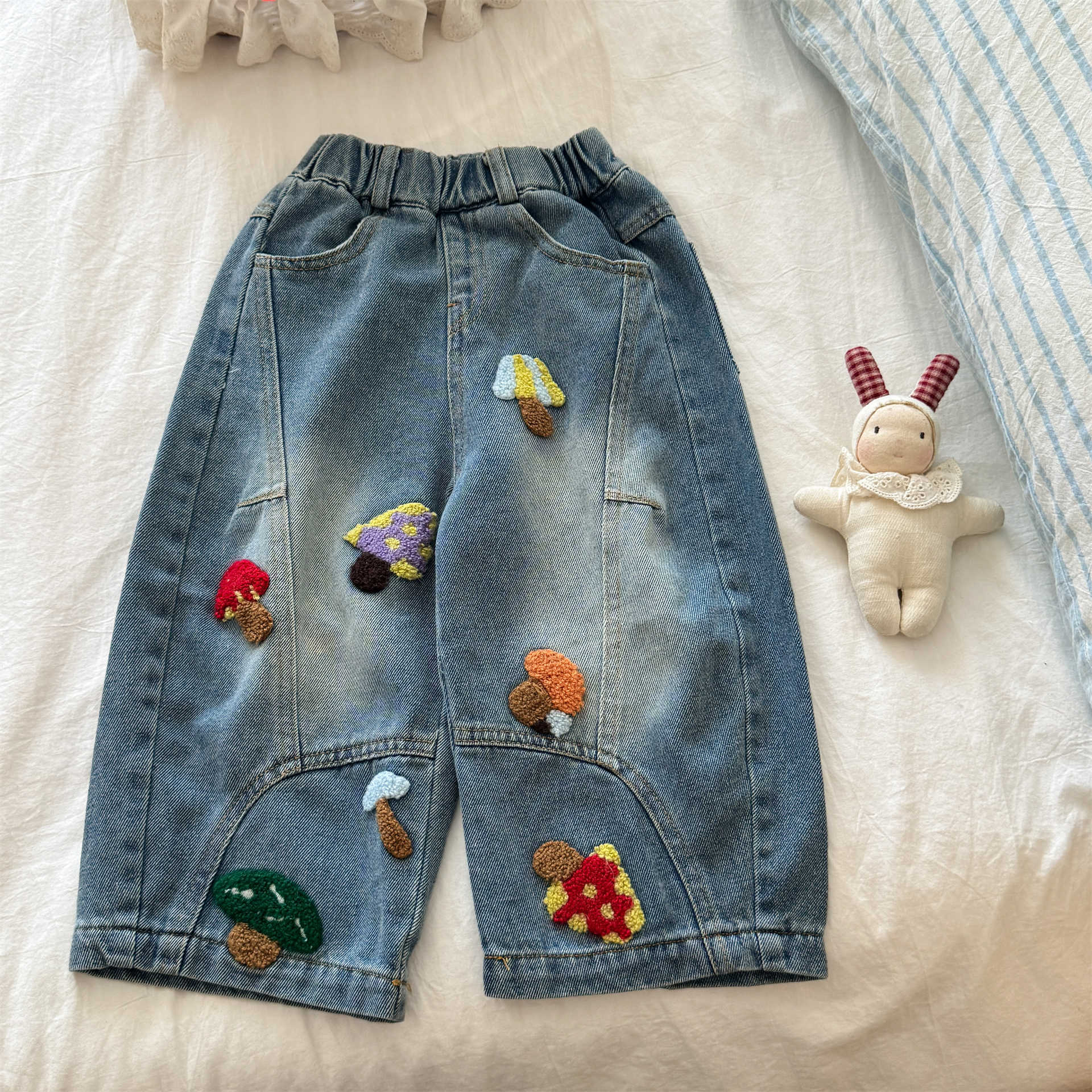 Kids Cartoon Mushroom Denim Pants