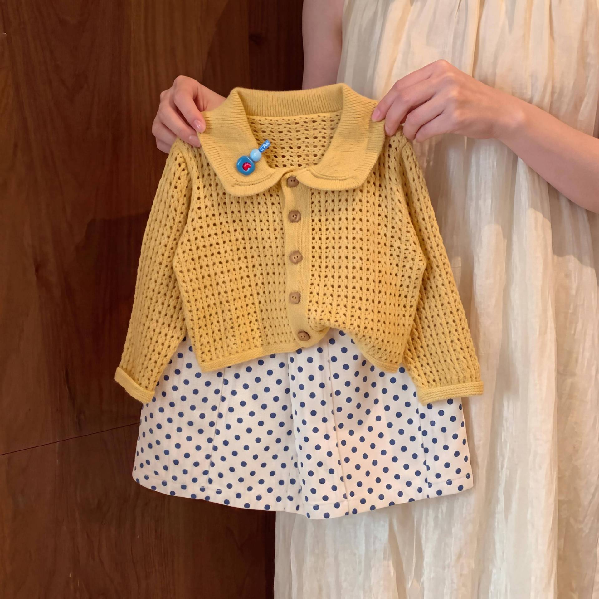 Kids Open Knit Cardigan Top and Polka Dot Skirt Set
