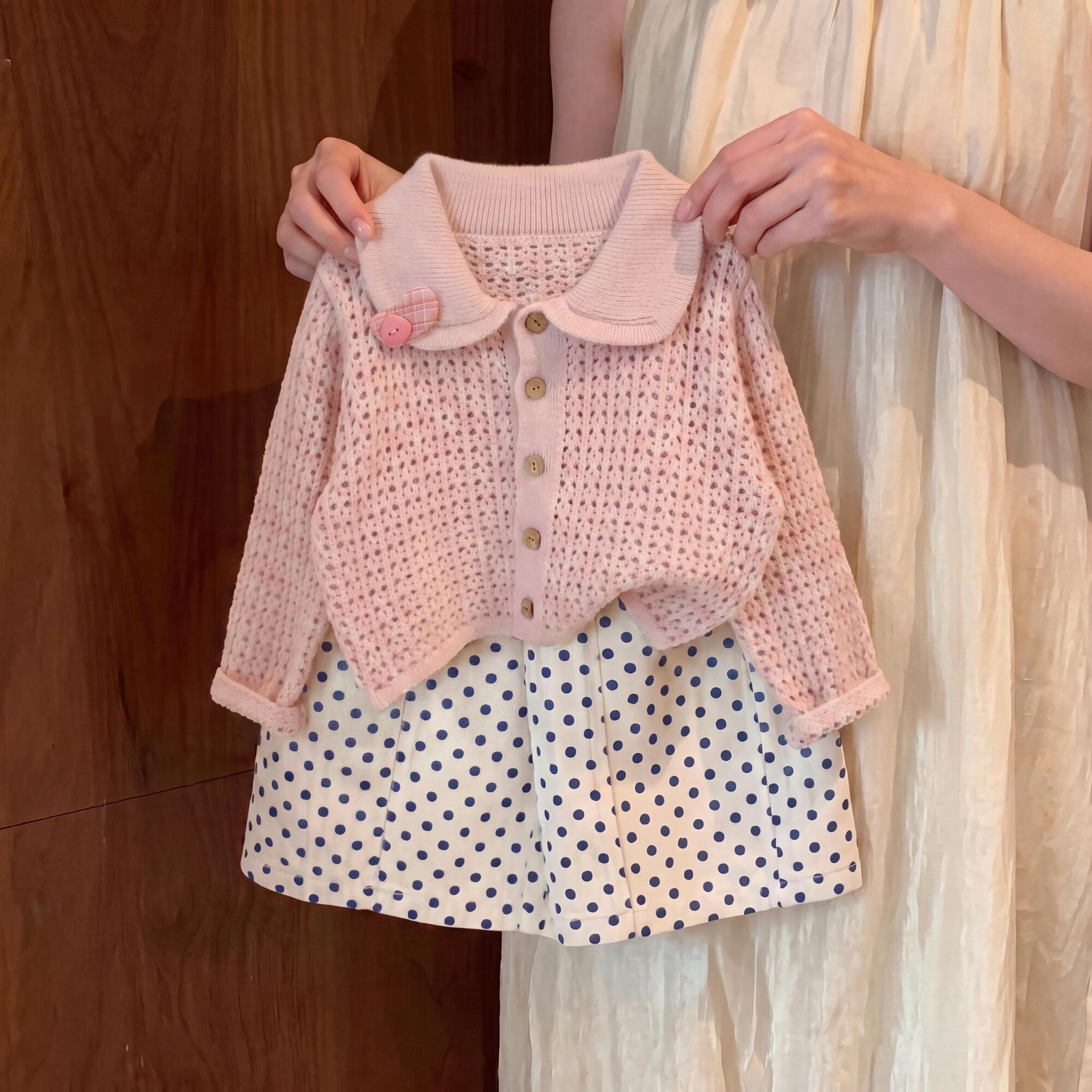 Kids Open Knit Cardigan Top and Polka Dot Short Pants Set