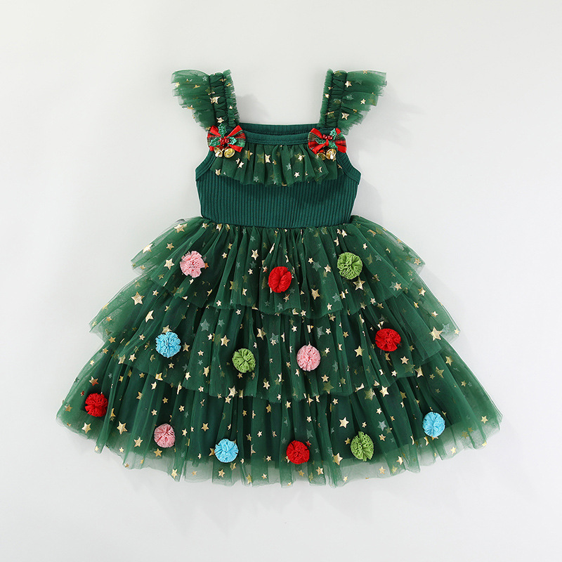 Kids Christmas Tulle Flowers Star Dress