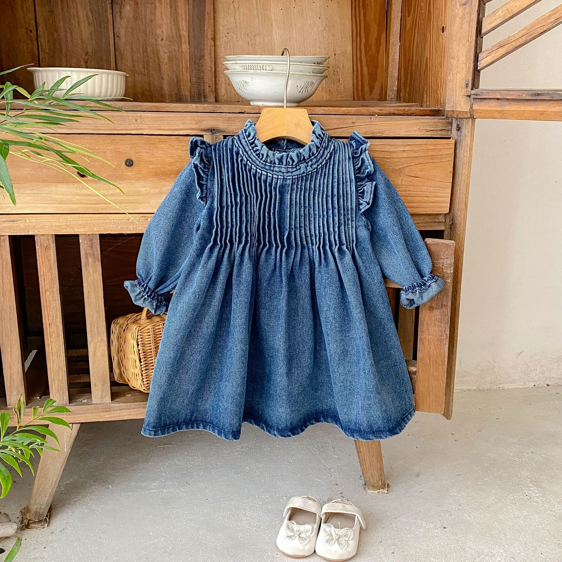 Baby Toddler Fungus Hem Folds Denim Dress