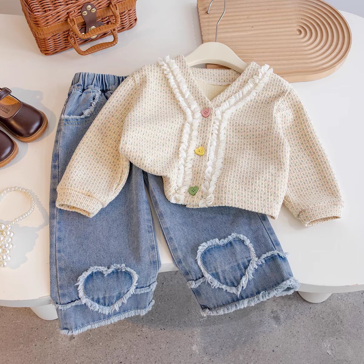 Kids Knitted Cardigan Top and Denim Pants Set