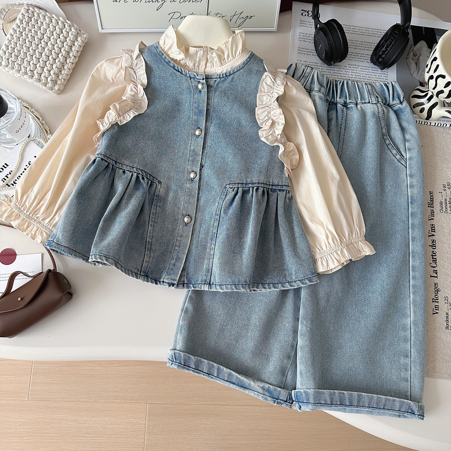 Kids Ruffled Puff Sleeves Denim 3-Piece Set