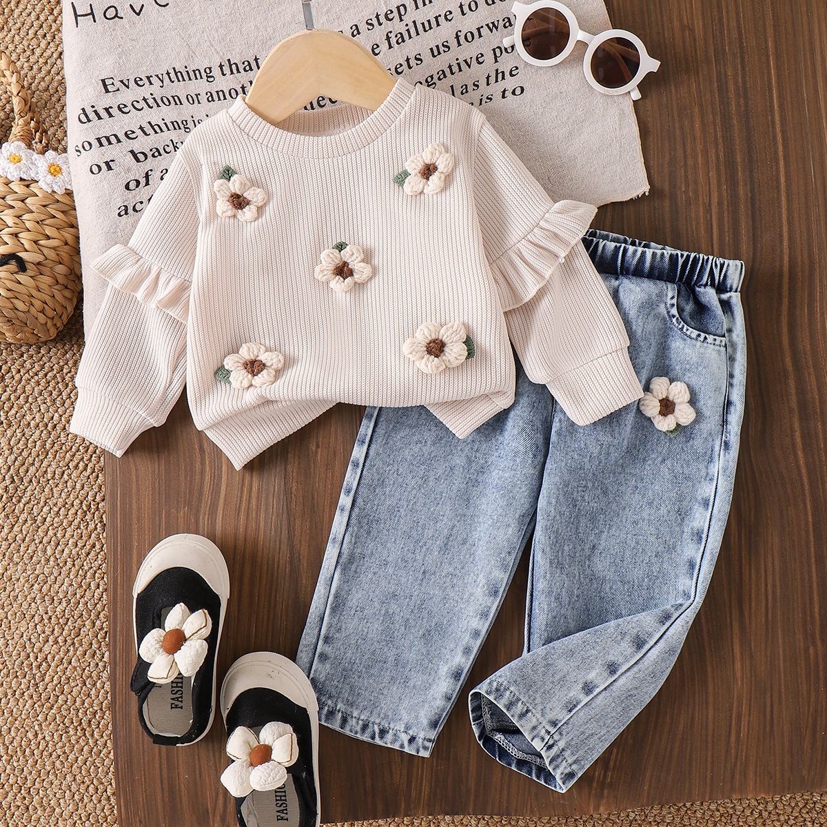 Baby Flowers Sweatshirt and Washed Denim Pants Set