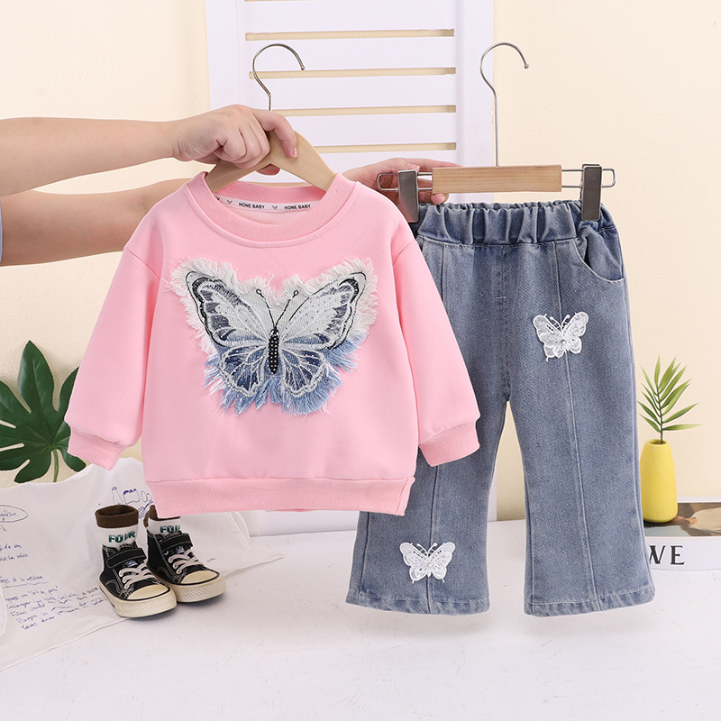 Kids Bow Sweatshirt and Denim Pants Set