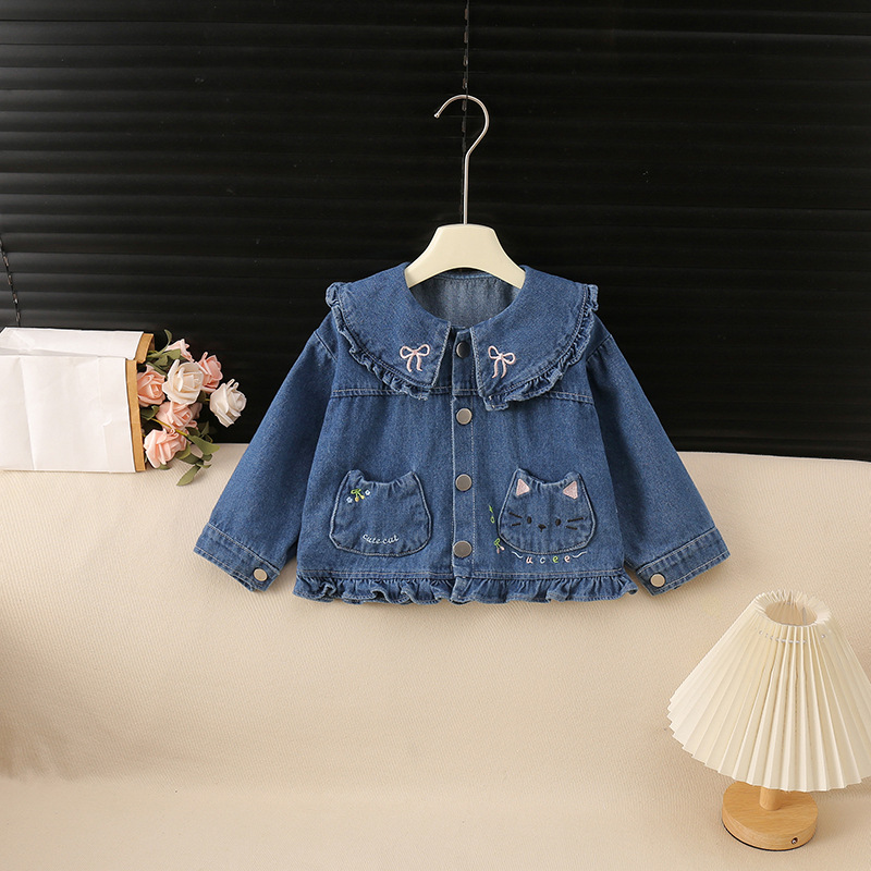 Kids Cat Bow Ruffle Trim Denim Outerwear