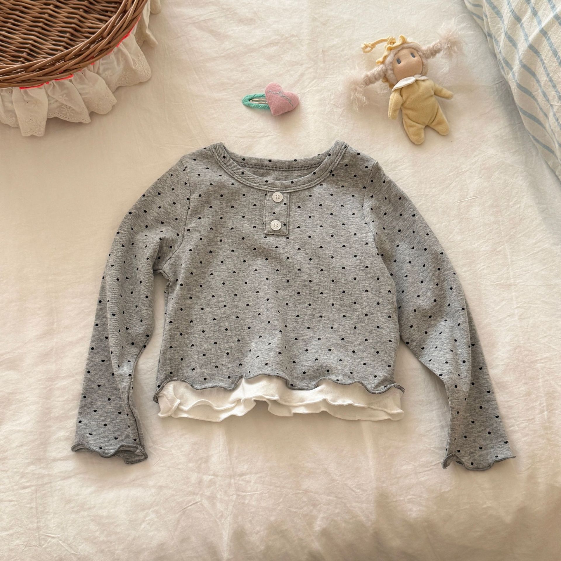 Kids Wood Ear Edge Polka Dots Top